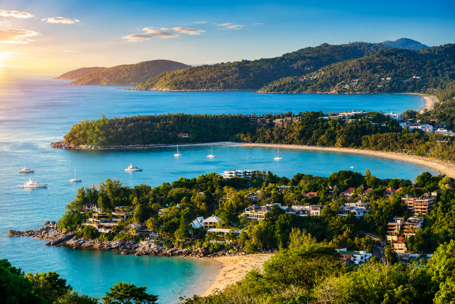 Illustrative Phuket coastline and cityscape beneath a tropical sky.