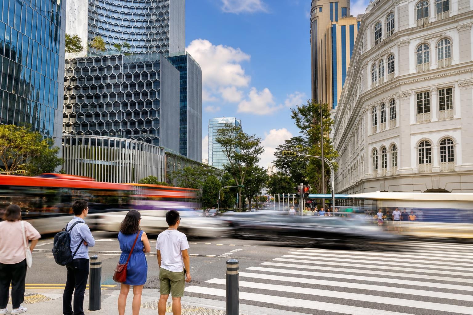 Illustrative busy Singapore street with heritage buildings, modern towers, buses and pedestrians.