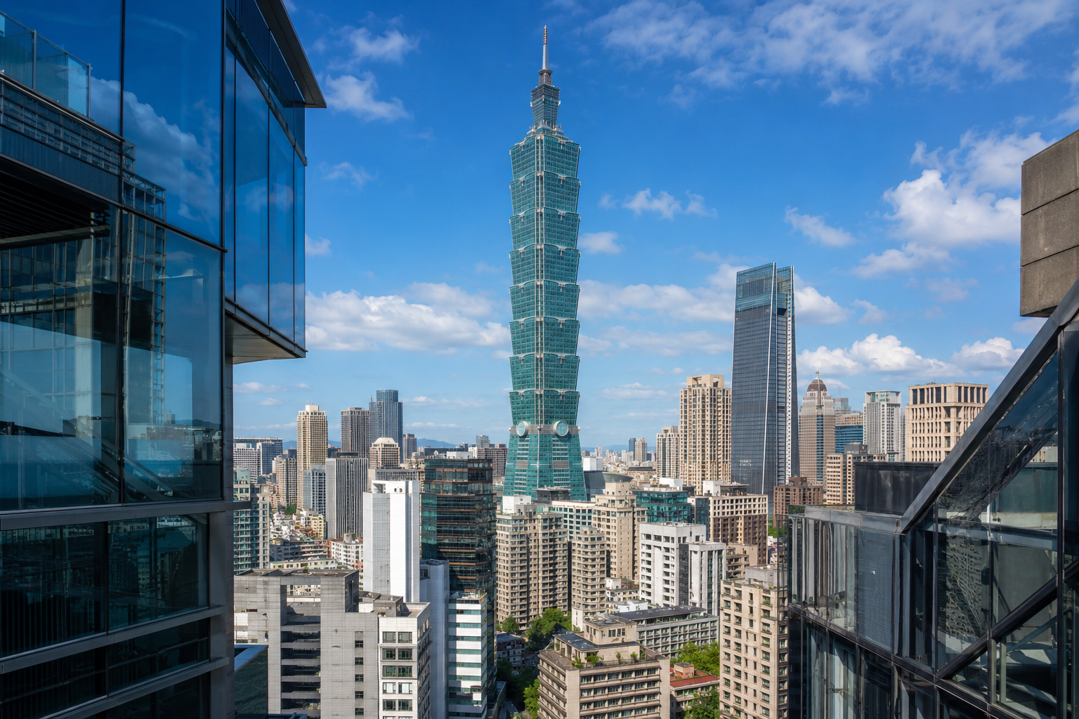 Illustrative daytime view of Taipei 101 framed by contemporary city architecture.
