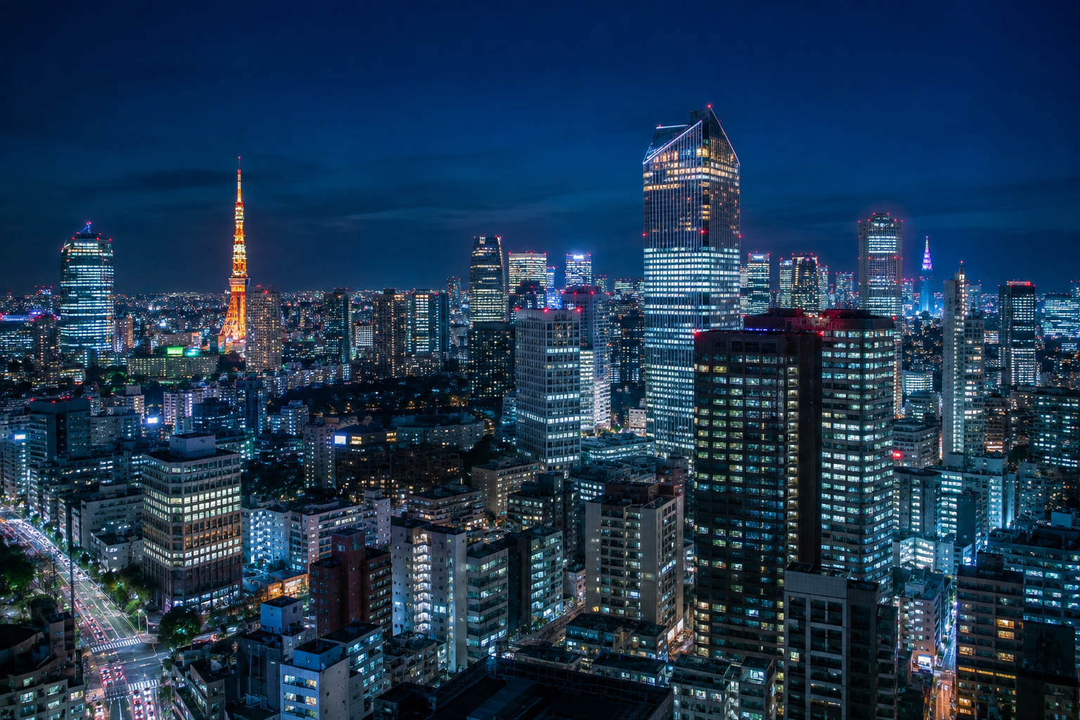 Illustrative night skyline of Tokyo with illuminated high-rise buildings and Tokyo Tower.