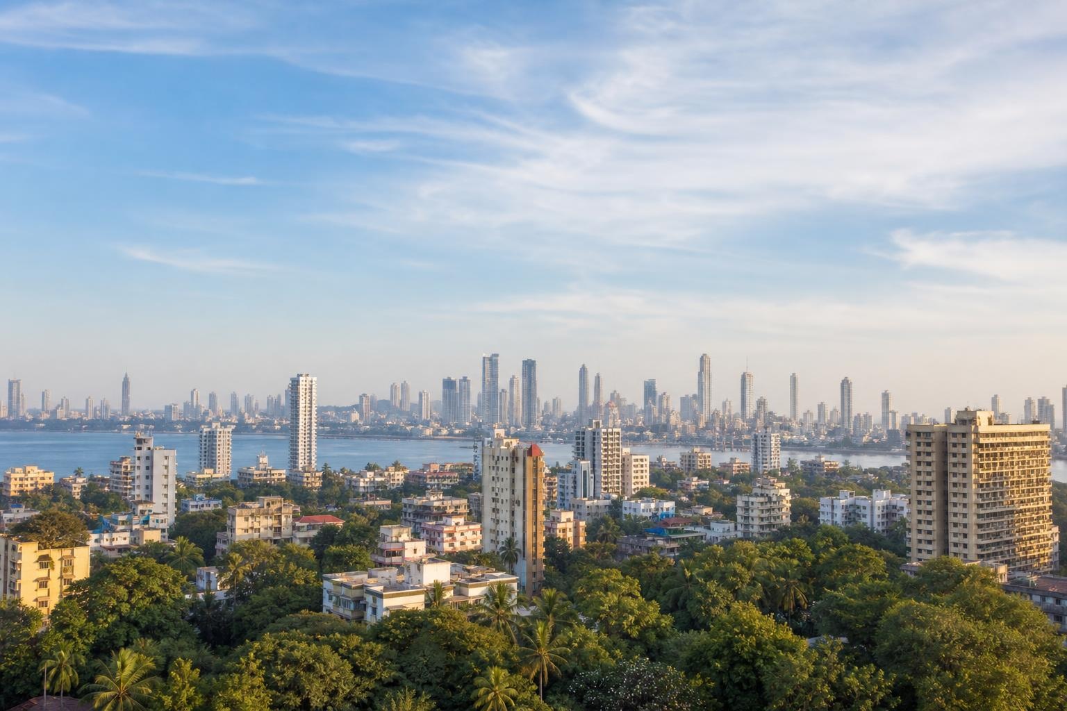 Illustrative Mumbai skyline with high-rise buildings, water, and tropical greenery.
