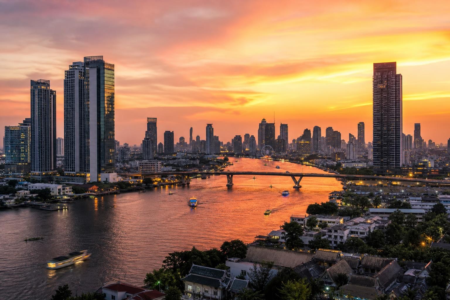 Illustrative Bangkok skyline and river at sunset