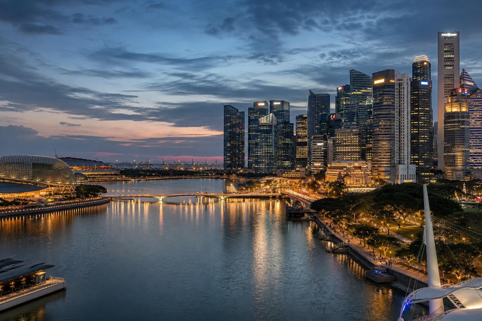 Illustrative dusk view of Singapore’s waterfront skyline with bridges and city lights.