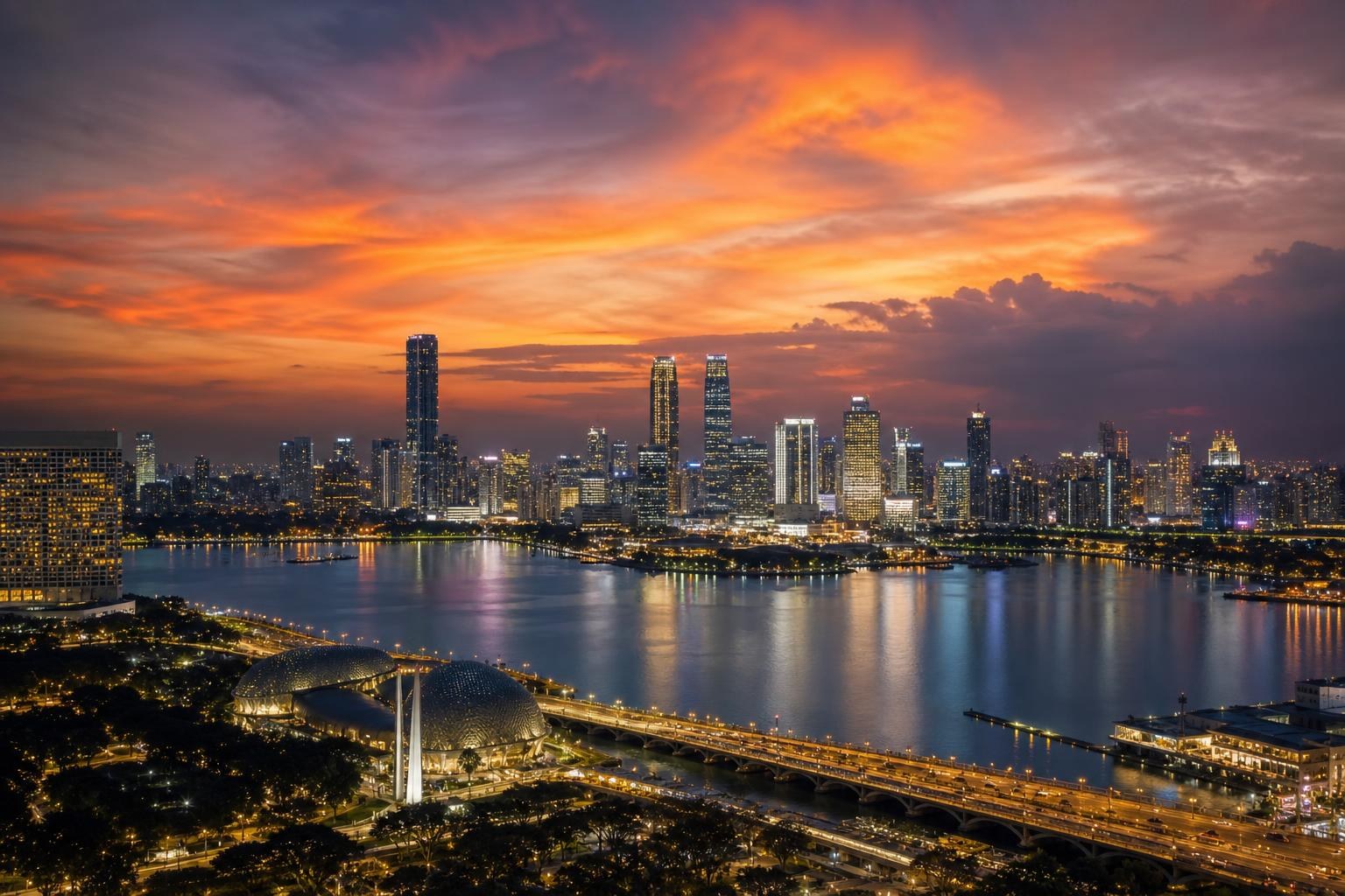 Illustrative Singapore skyline and Marina Bay at sunset.