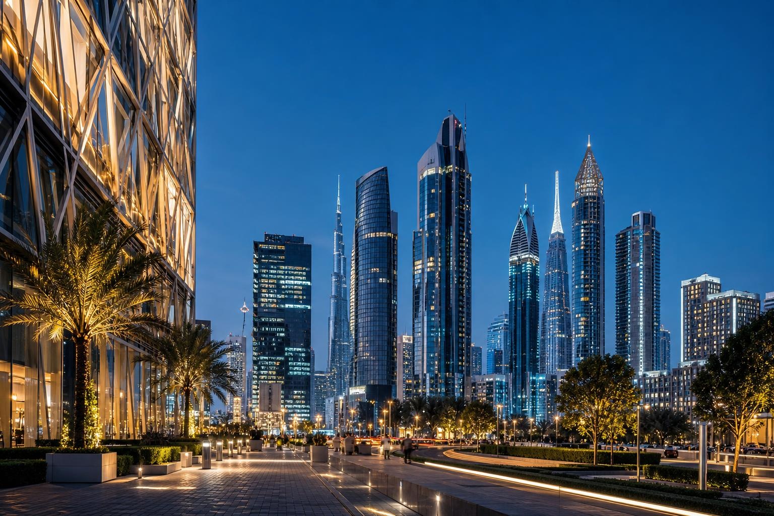 Illustrative Dubai skyline and palm-lined city street at dusk.