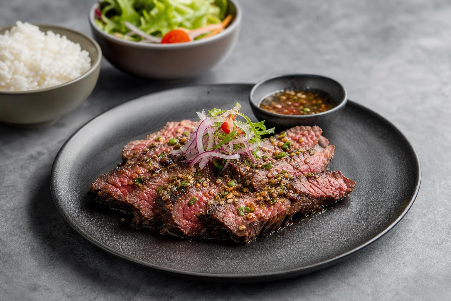 Illustrative grilled sliced beef dish with rice, salad, and dipping sauce.