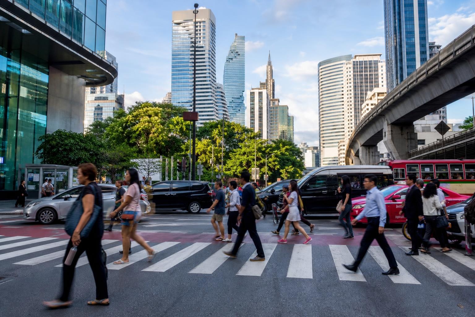 Illustrative busy modern city street with pedestrians, traffic and high-rise buildings.
