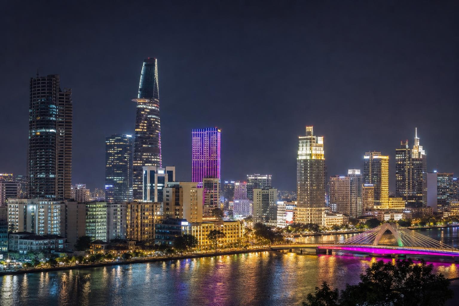 Illustrative nighttime Ho Chi Minh City skyline with river reflections and illuminated bridge.