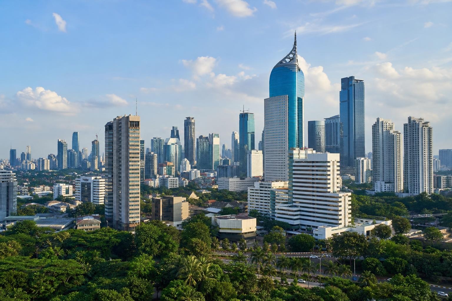 Illustrative Jakarta skyline with modern high-rise buildings and green streetscape.
