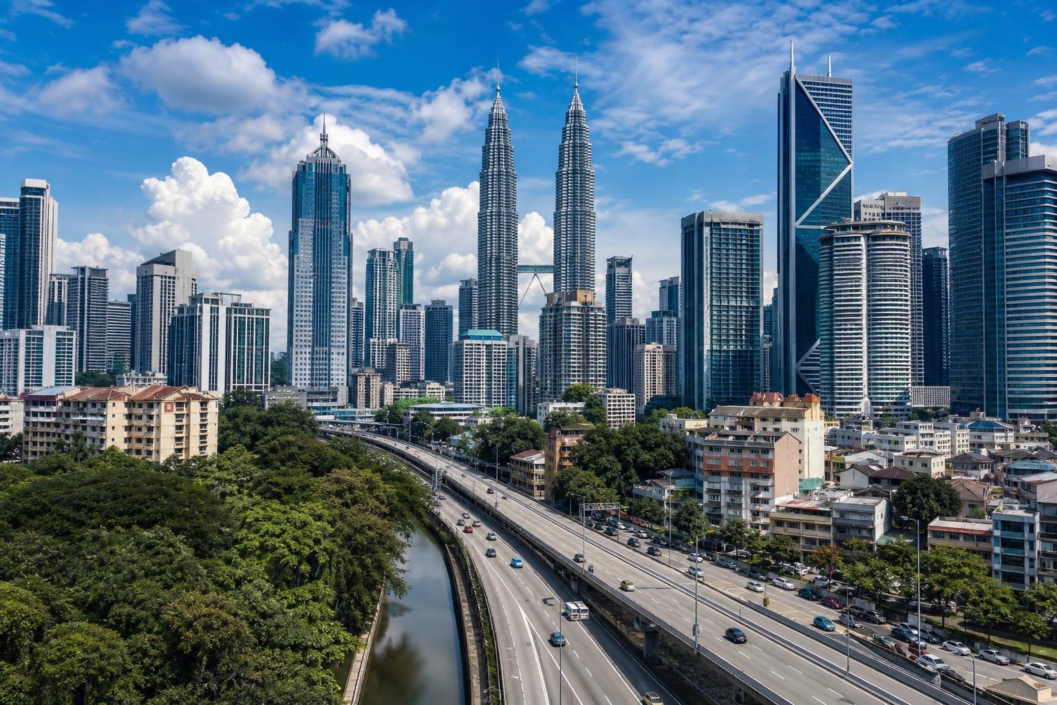 Illustrative Kuala Lumpur skyline with the Petronas Twin Towers, highway, and greenery.