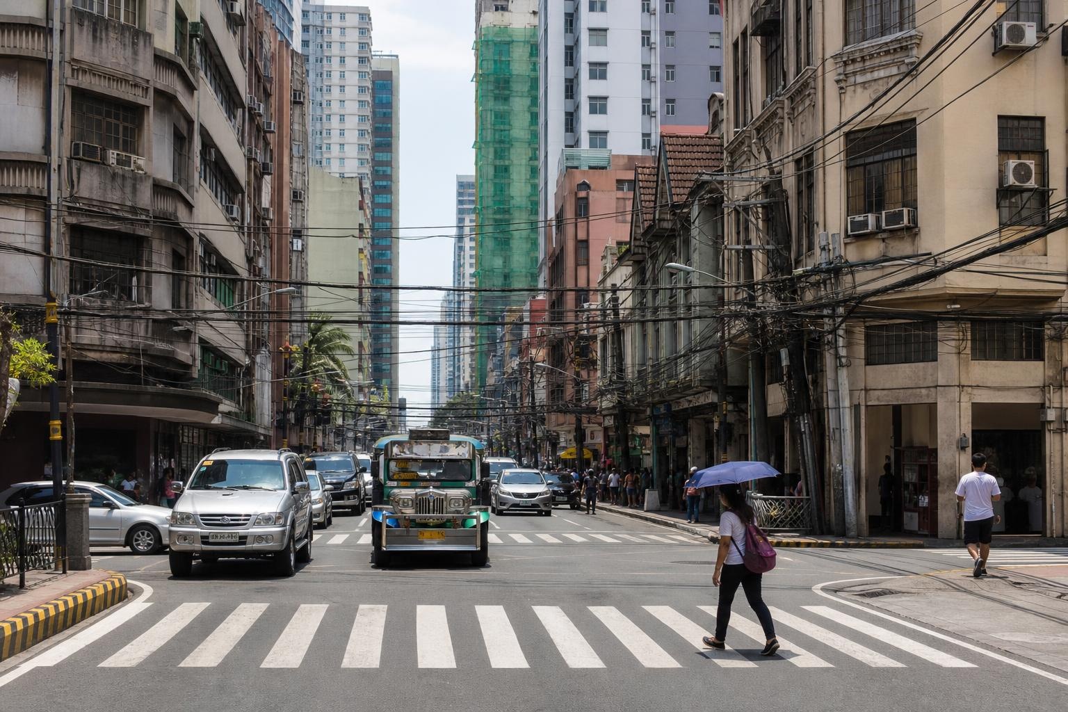 Illustrative busy Manila street with a jeepney, pedestrians, overhead cables, and high-rise buildings.