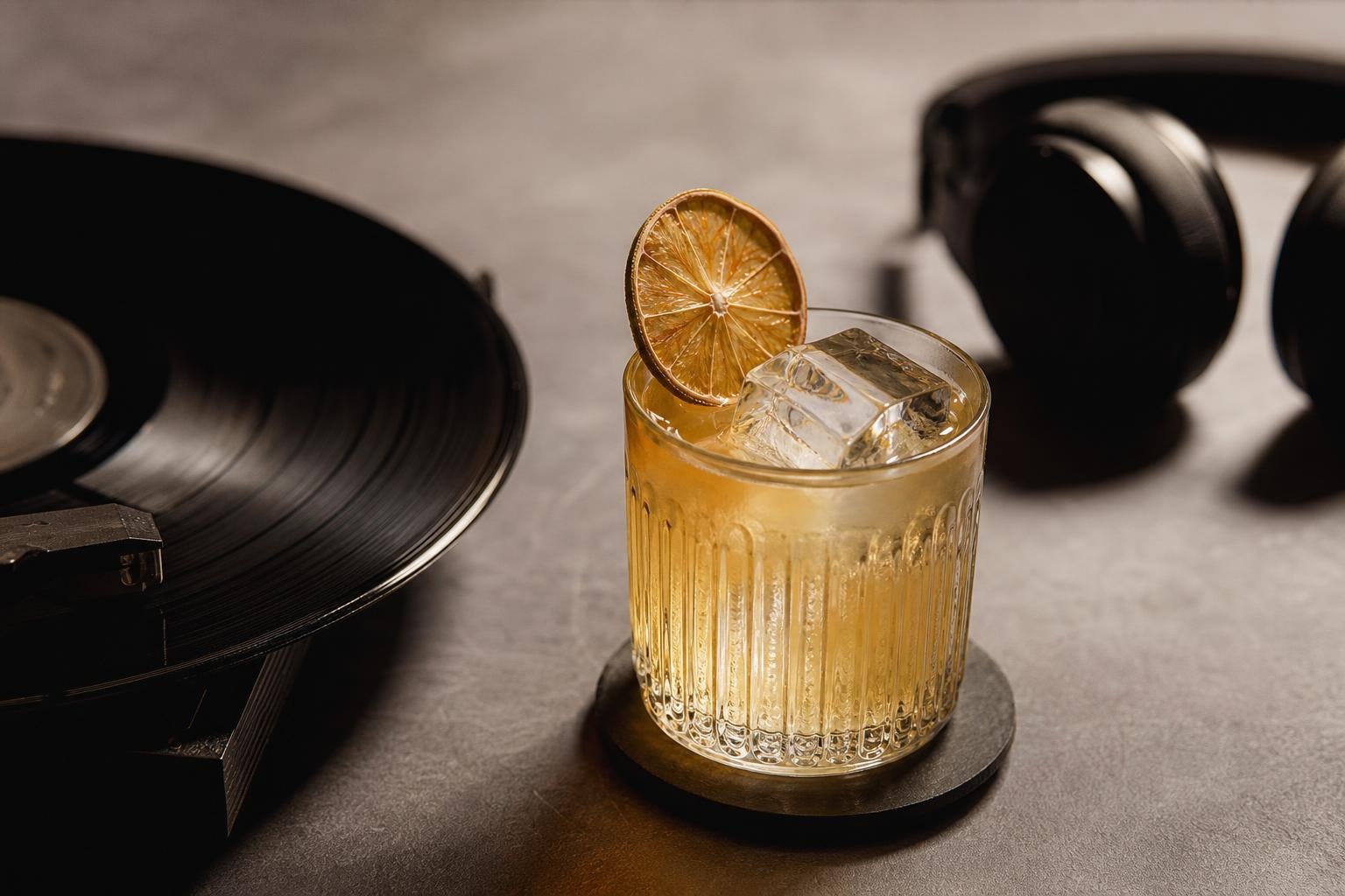 Illustrative cocktail beside a vinyl record player and headphones.