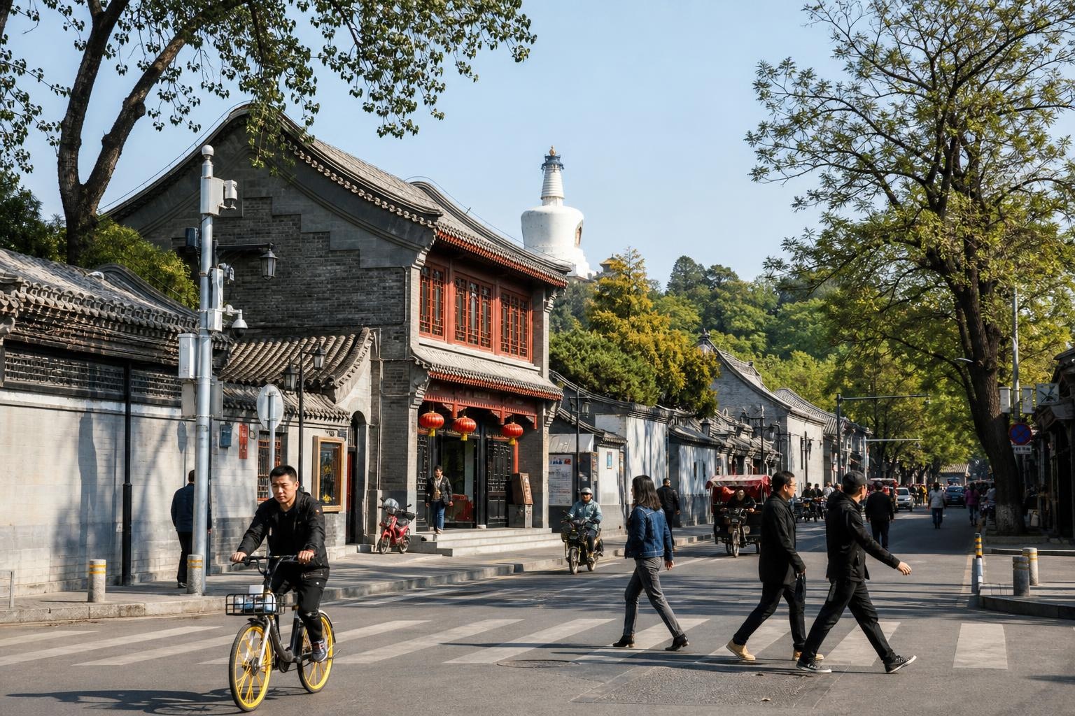 Illustrative Beijing street scene with traditional grey-brick buildings, pedestrians and a white pagoda.