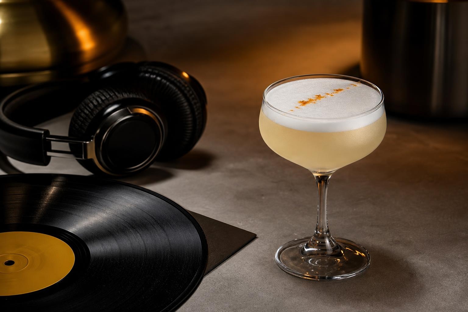 Illustrative cocktail beside headphones and a vinyl record in warm ambient light.