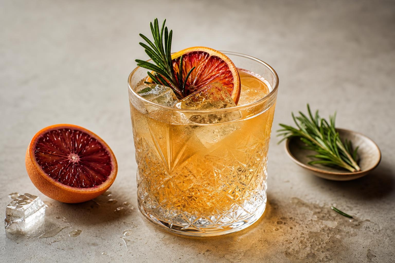 Illustrative close-up of an amber cocktail with blood orange, rosemary, and ice.