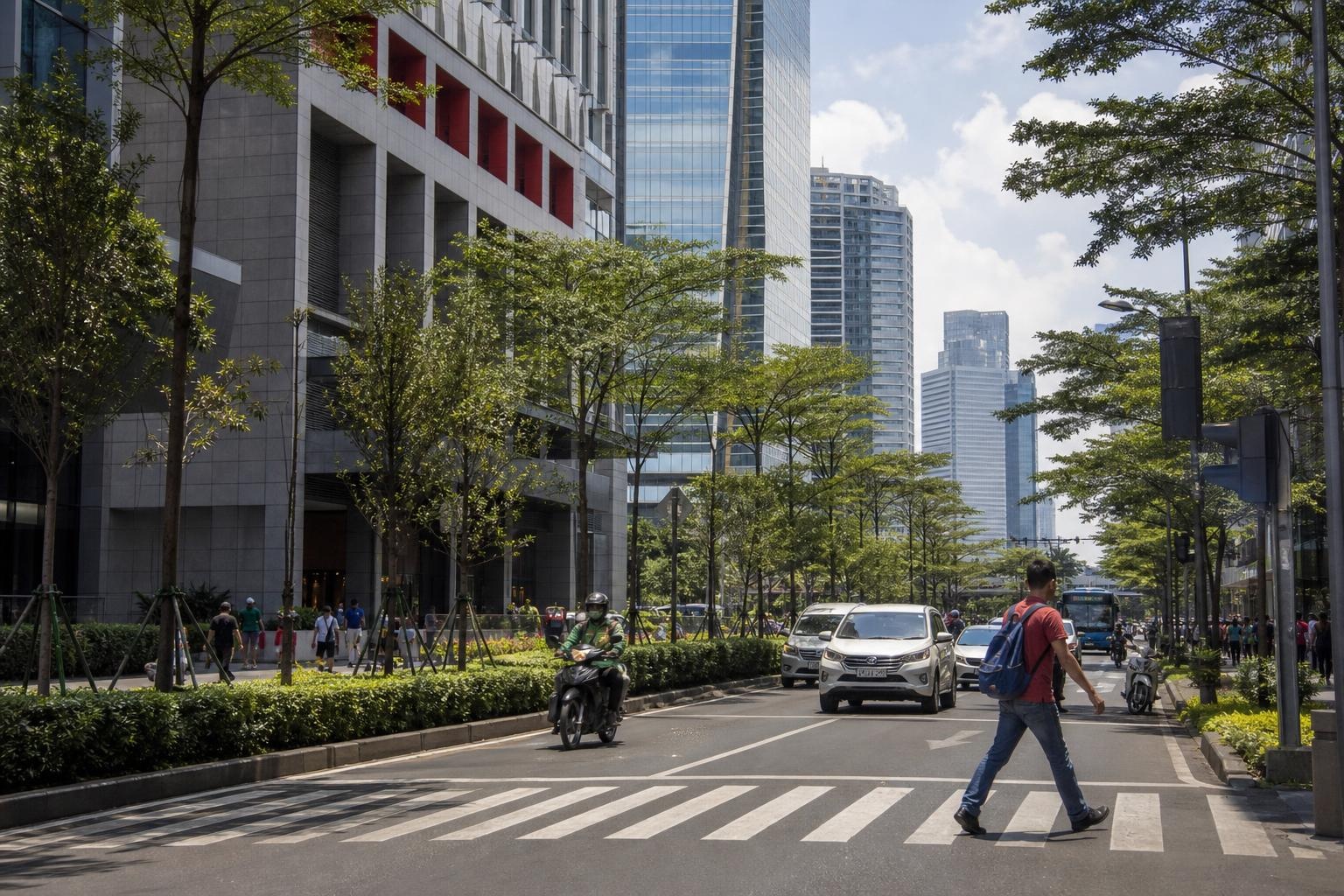 Illustrative tree-lined Jakarta street with modern high-rise buildings and traffic.
