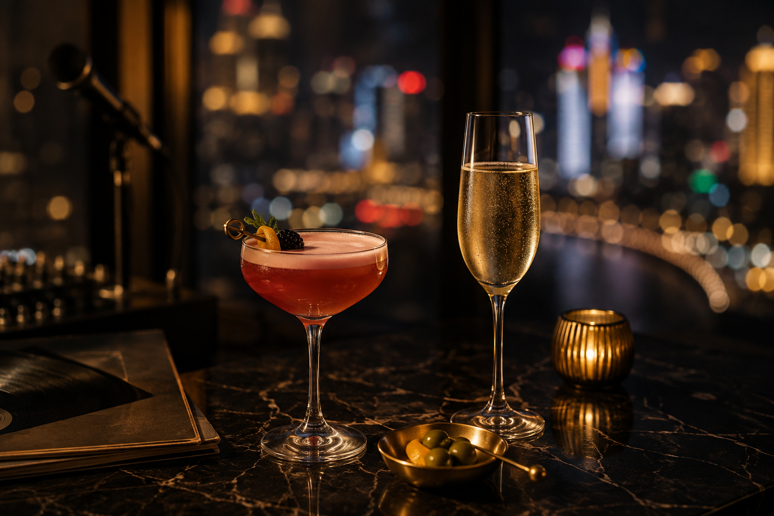 Cocktail et coupe de champagne sur une table en marbre avec vue urbaine nocturne floue en arrière-plan
