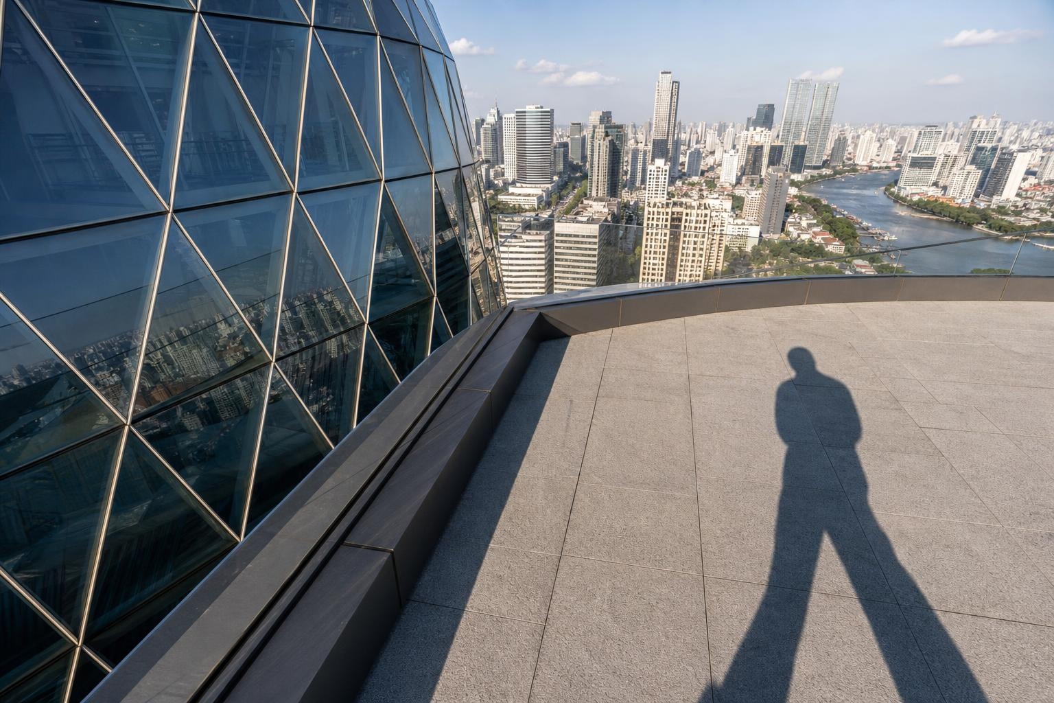 Illustrative solo visitor's shadow on a high-rise terrace overlooking an Asian city skyline and river.