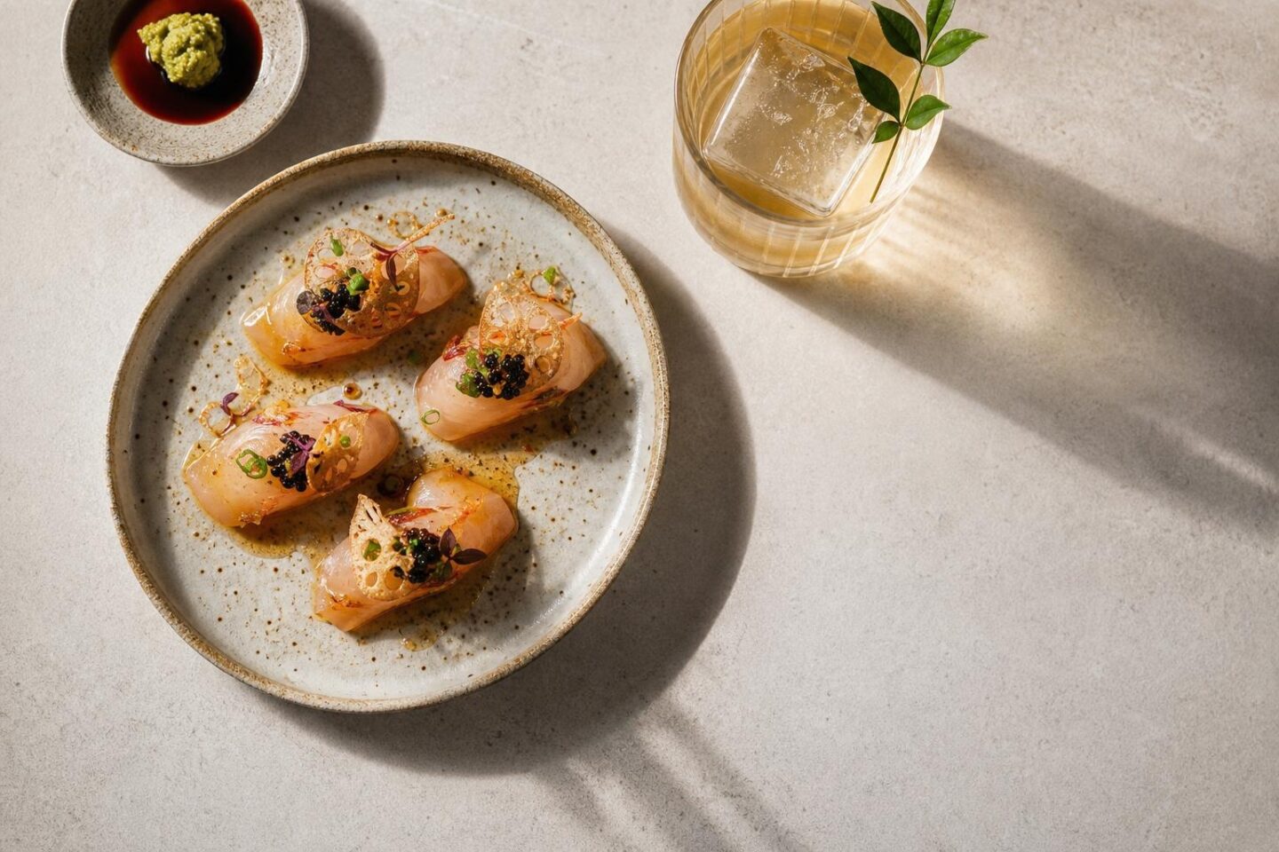 Illustrative Japanese small plates and a cocktail on a sunlit table.