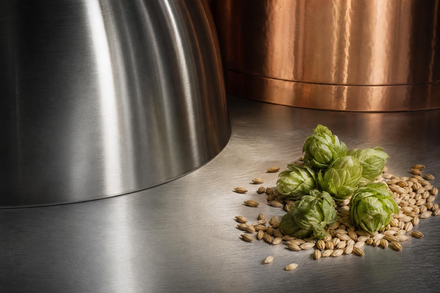 Illustrative close-up of brewery tanks, hops and malted grain.