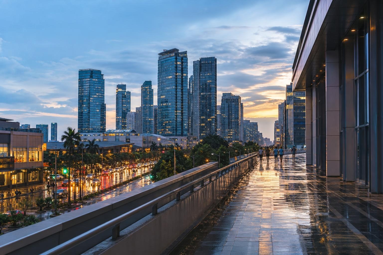 Illustrative rainy evening walkway and modern towers in Metro Manila