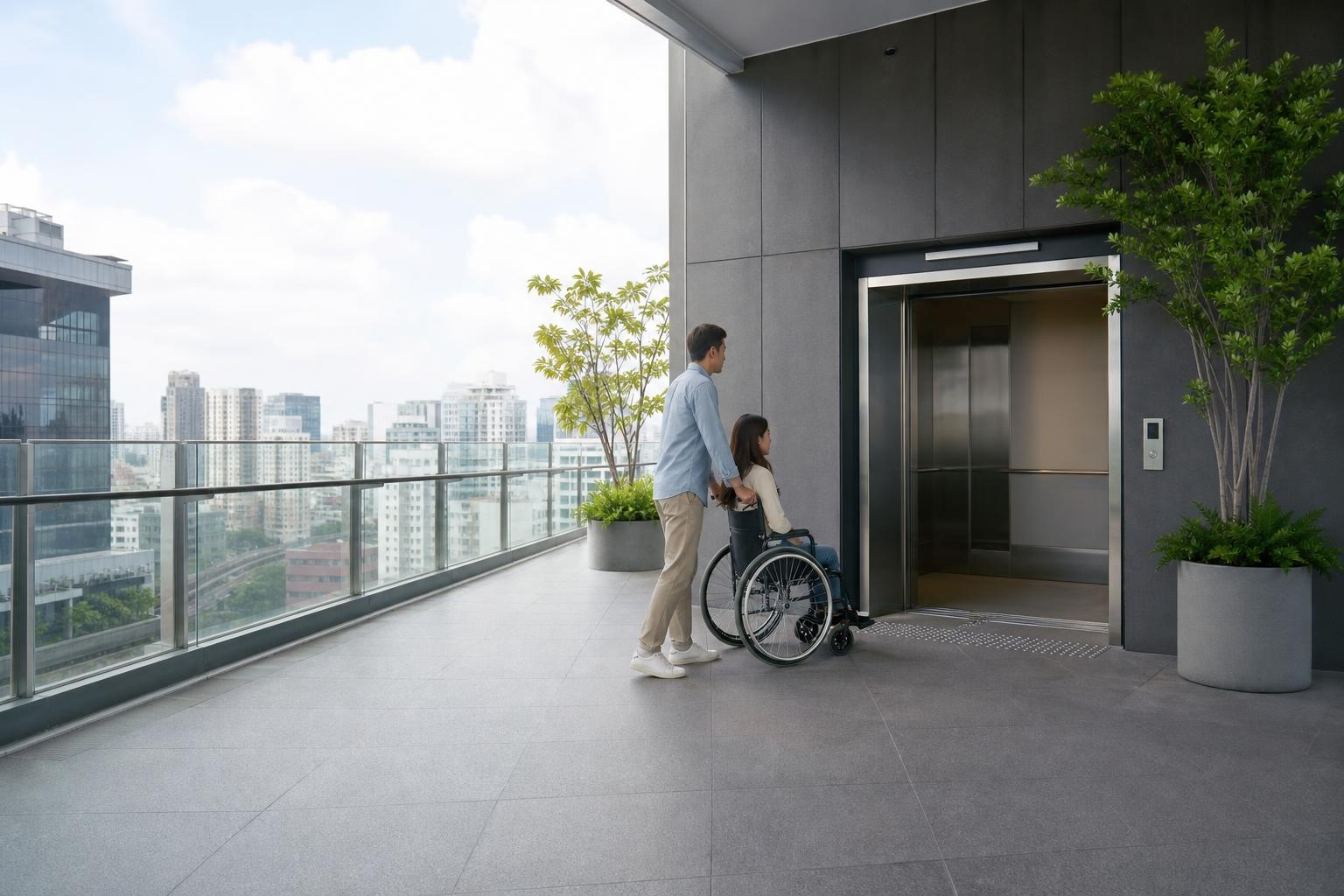 Illustrative wheelchair user and companion approaching an elevator on an anonymous modern upper-level terrace