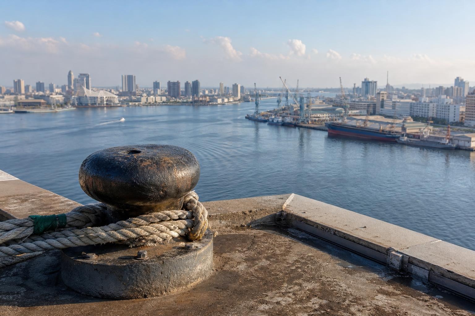 Illustrative close-up of a harbor mooring bollard and coiled rope beside ships and the Kaohsiung skyline.