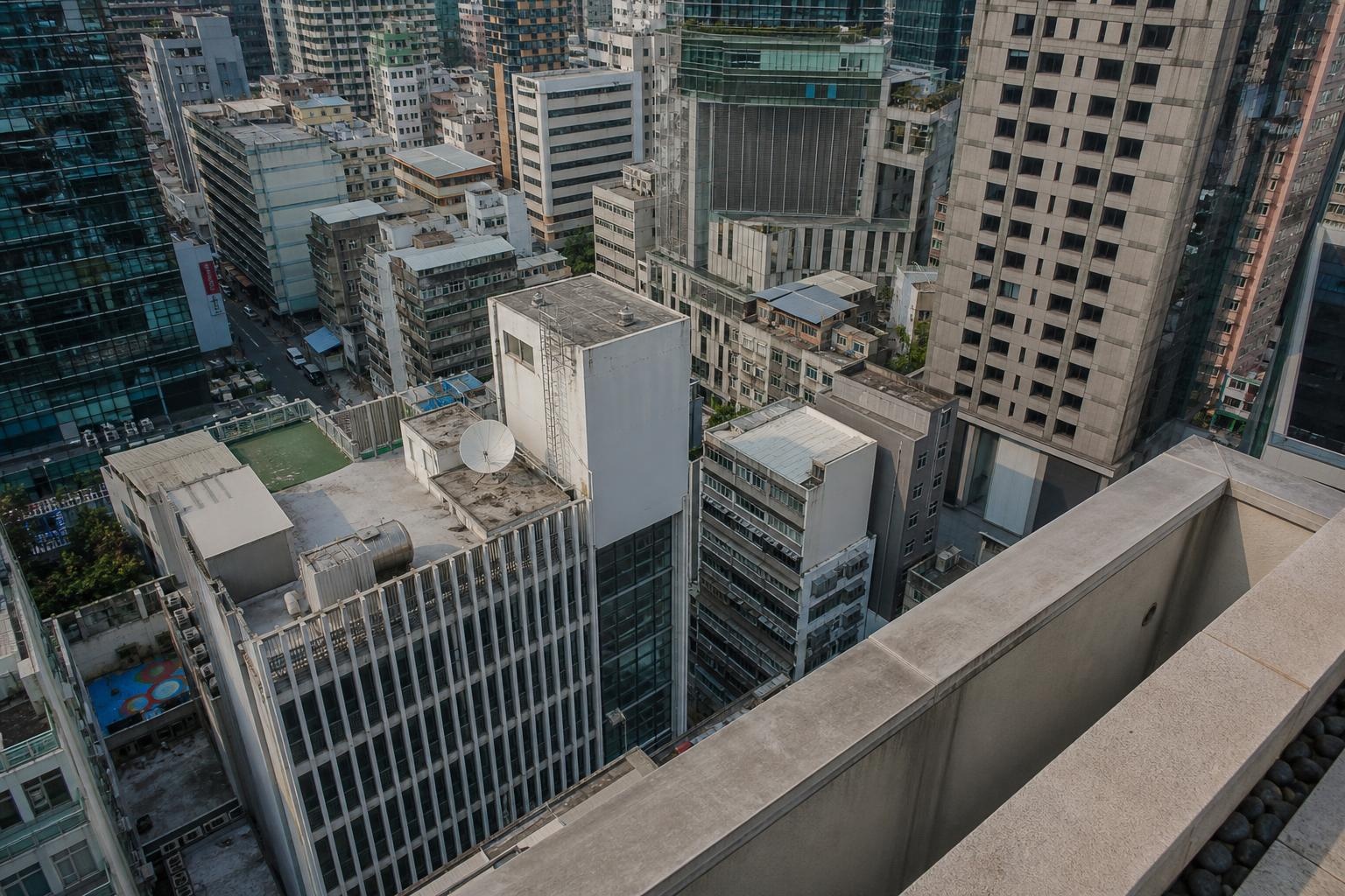 Illustrative elevated view over dense anonymous Asian city buildings.
