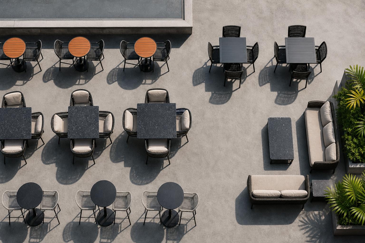 Illustrative overhead view of varied rooftop seating options in crisp daylight.