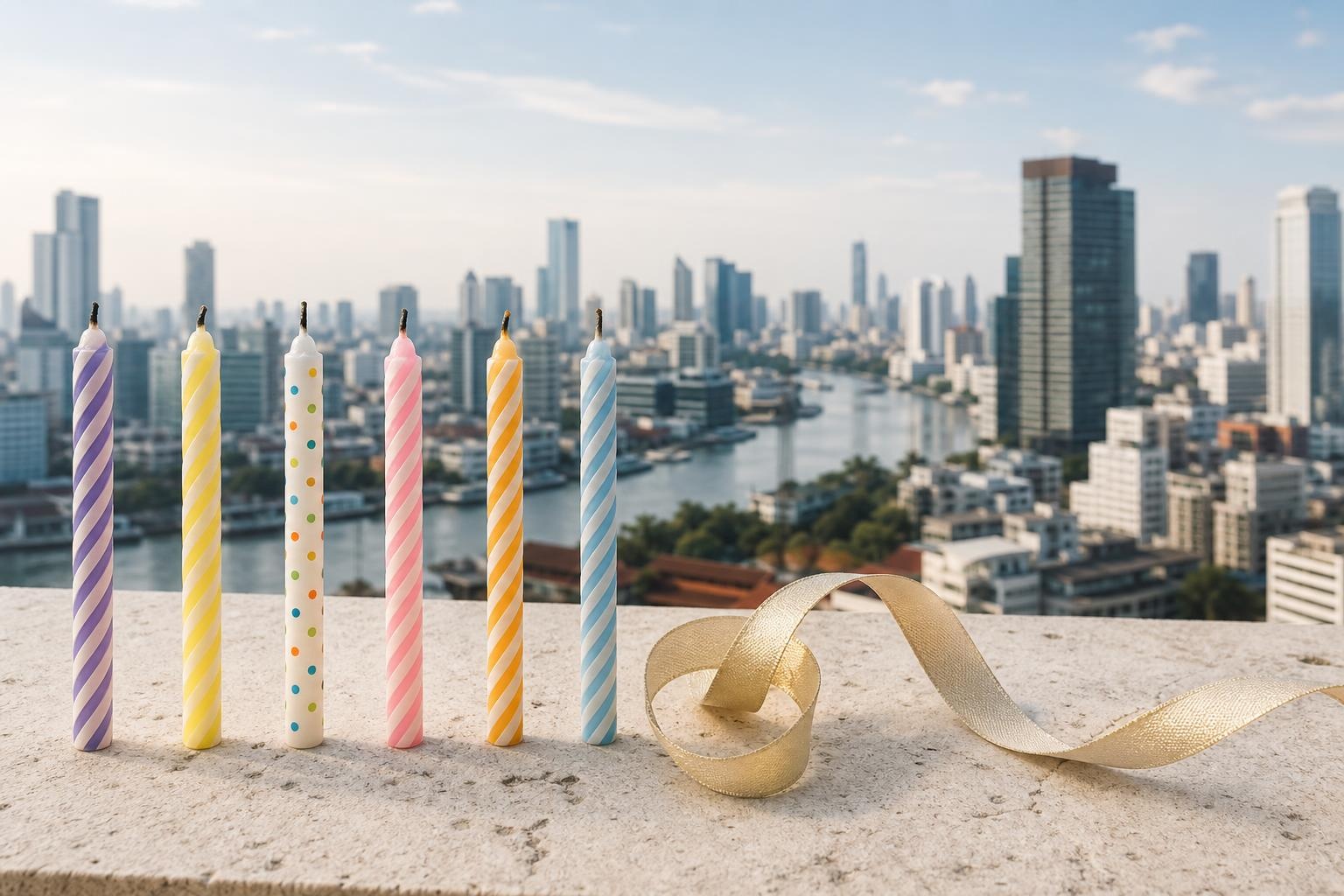 Illustrative birthday candles on a rooftop ledge overlooking a modern Asian city skyline.