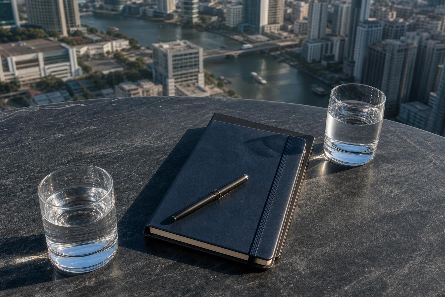 Illustrative rooftop business meeting setting with a notebook, pen and two water glasses above a city.