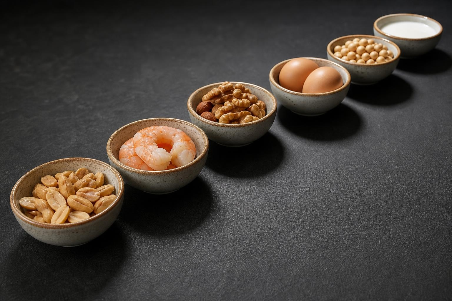 Illustrative bowls of common food allergens including peanuts, shrimp, walnuts, eggs, soybeans and milk.