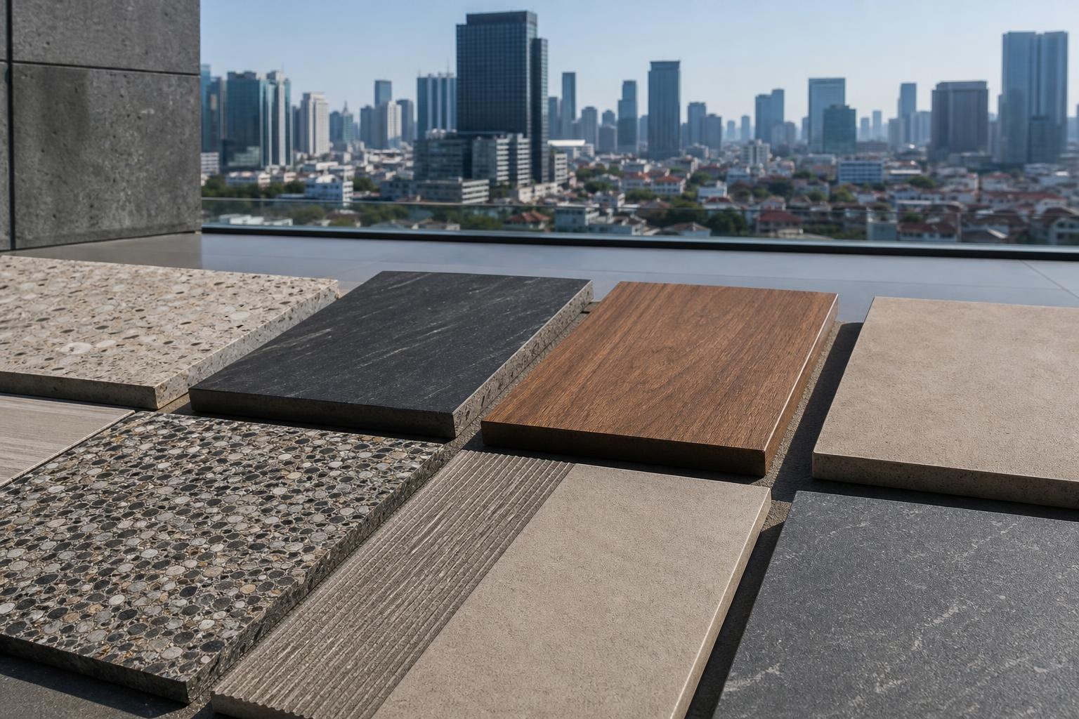 Illustrative selection of rooftop flooring materials overlooking an anonymous Asian city skyline.