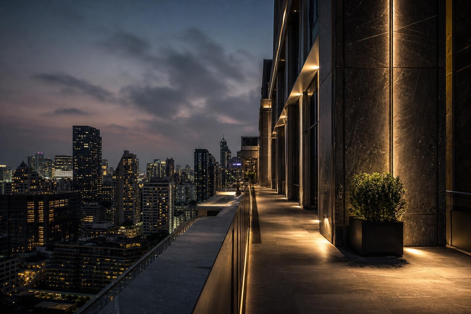 Illustrative rooftop terrace with warm architectural lighting overlooking an Asian city at dusk.