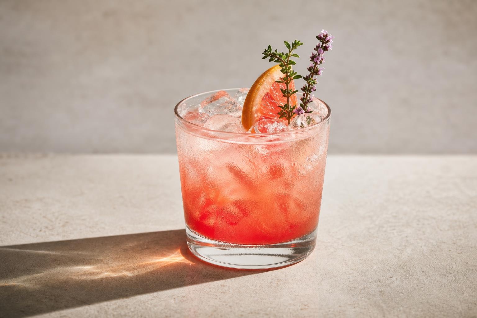 Illustrative pink citrus mocktail with ice and floral herbs on a sunlit stone surface