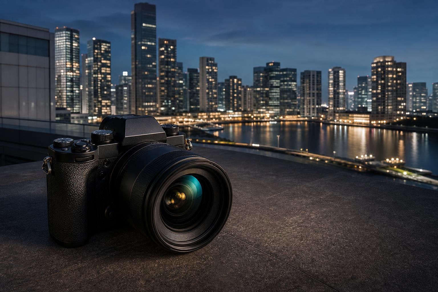 Illustrative camera on a rooftop overlooking an anonymous Asian city skyline at night.