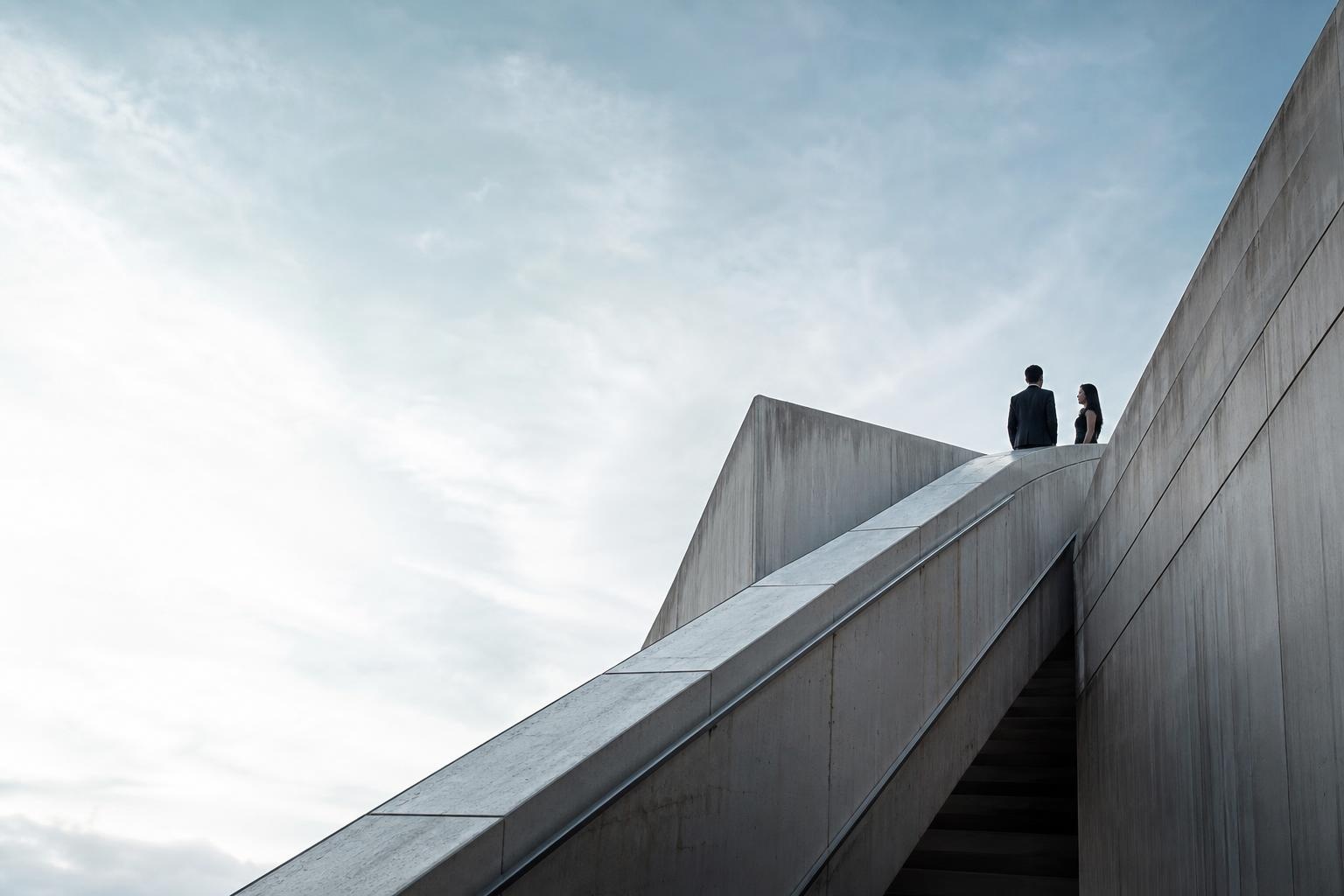 Illustrative couple at the top of a geometric concrete stair under a bright sky