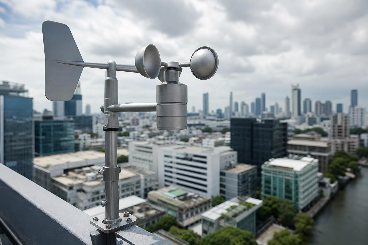 Illustrative close-up of a rooftop cup anemometer against a cloudy Asian city skyline.