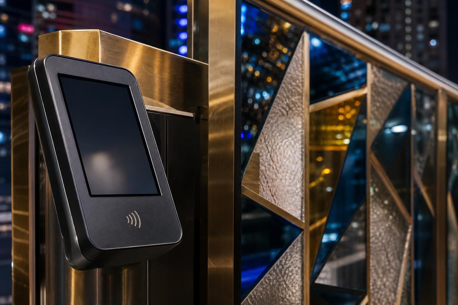 Illustrative close-up of an unbranded payment terminal beside a brass entry gate.