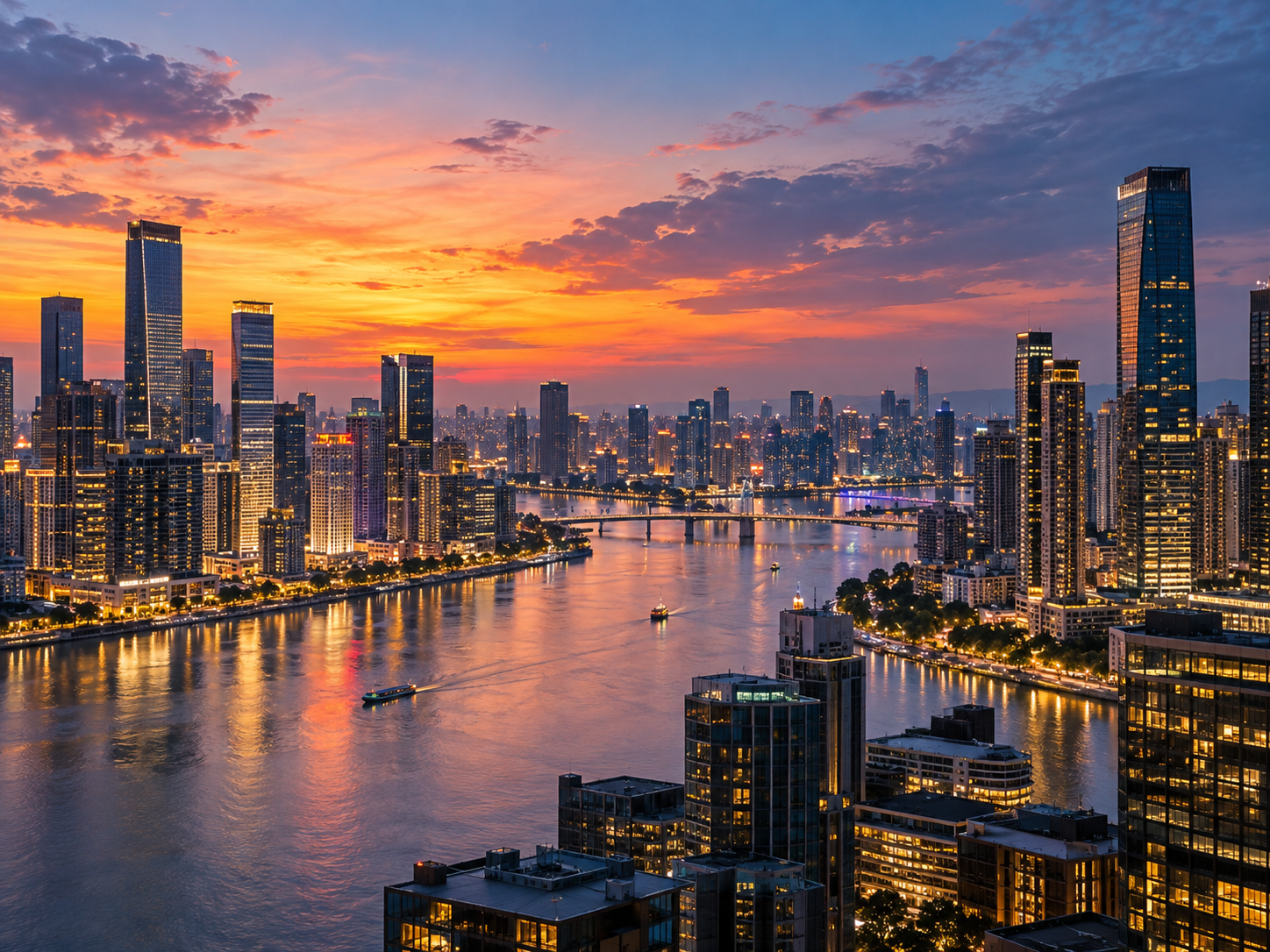 Modern Asian city skyline at sunset with illuminated towers and river reflections.