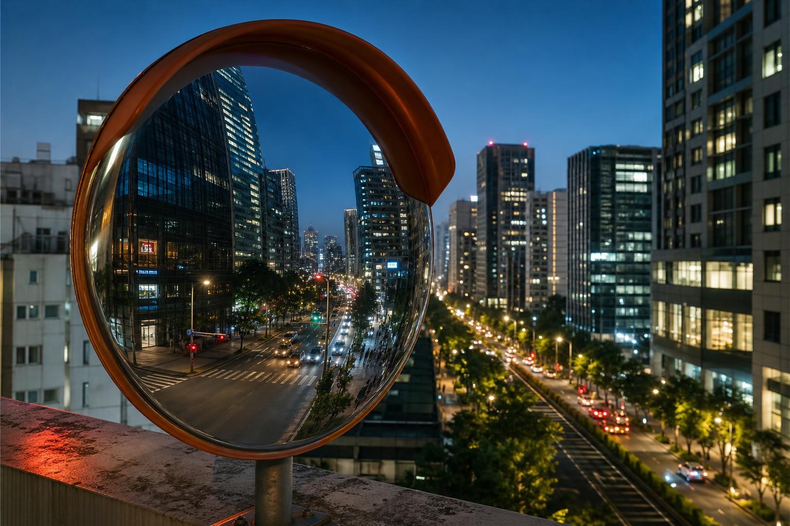 Illustrative convex roadside mirror reflecting modern Taipei high-rises at twilight.