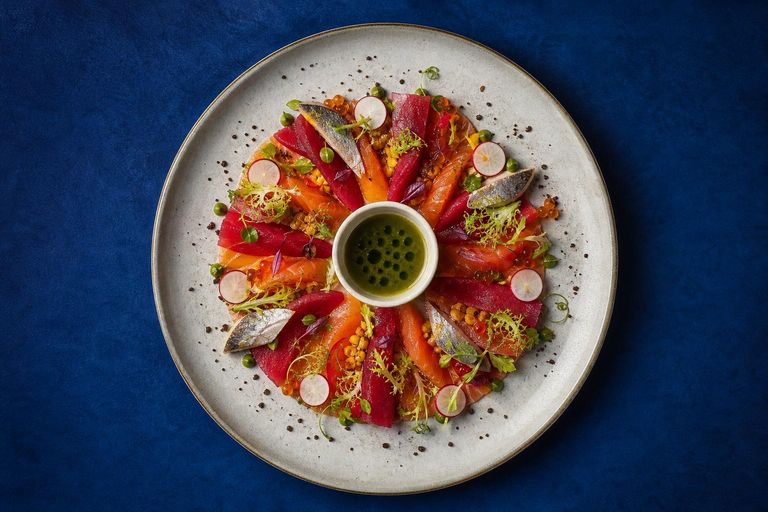 Illustrative overhead view of a colourful seafood dish on a ceramic plate.