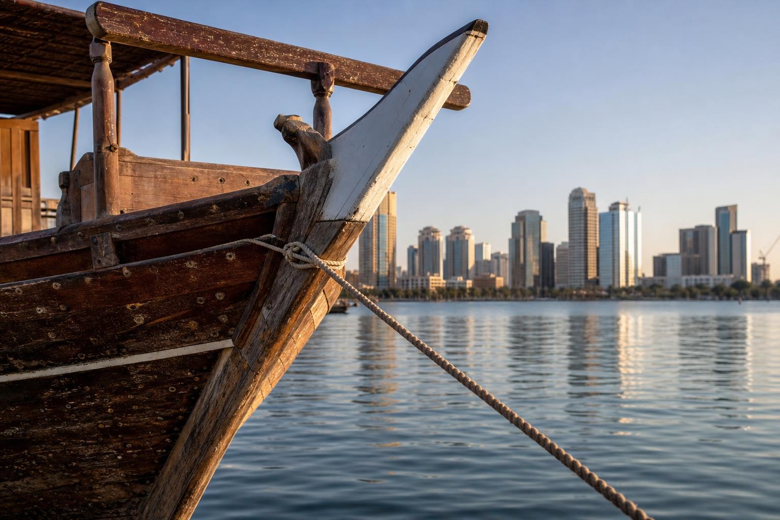 Illustrative traditional wooden dhow beside Doha’s waterfront skyline at golden hour.
