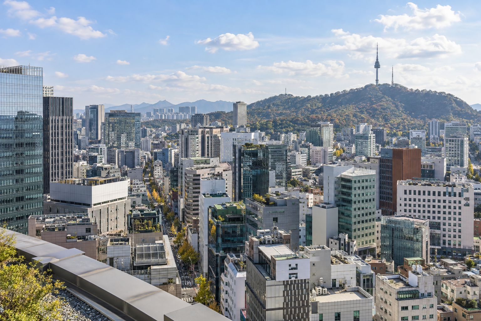 Illustrative daytime view of Seoul from an elevated rooftop-adjacent perspective, with N Seoul Tower in the background.