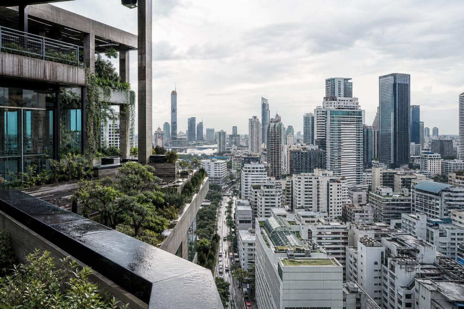 Illustrative elevated urban view with rain-ready rooftop architecture and tropical planting in an Asian city.