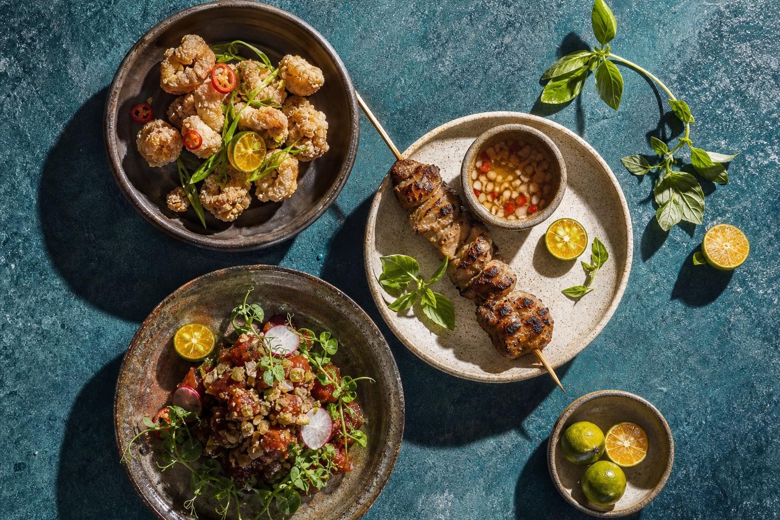 Illustrative overhead view of tapas-style dishes, grilled skewers and citrus on a blue surface.