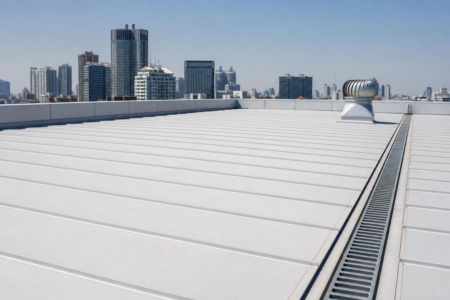 Illustrative white reflective rooftop surface with a ventilation turbine and anonymous urban skyline.