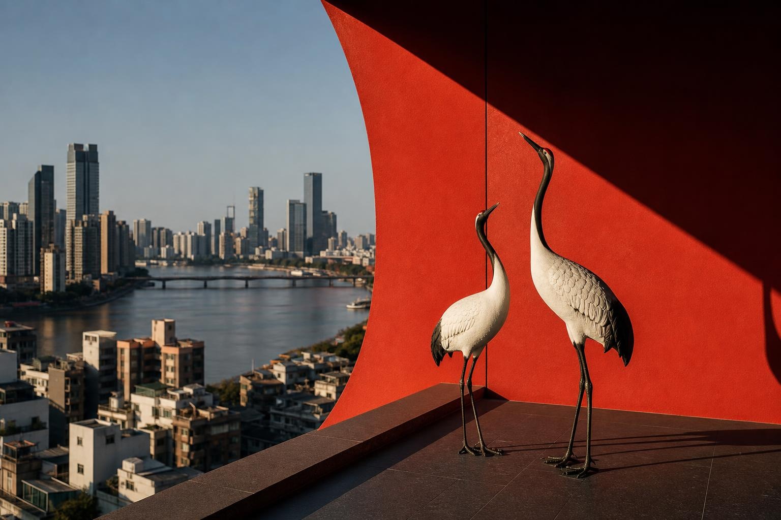 Illustrative rooftop scene with two crane sculptures against a red wall and a generic Asian river skyline.