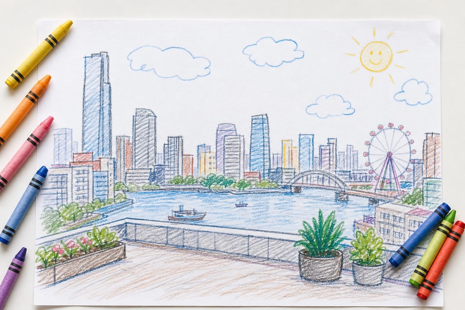 Illustrative crayon drawing of a family-friendly rooftop terrace overlooking an Asian city skyline.