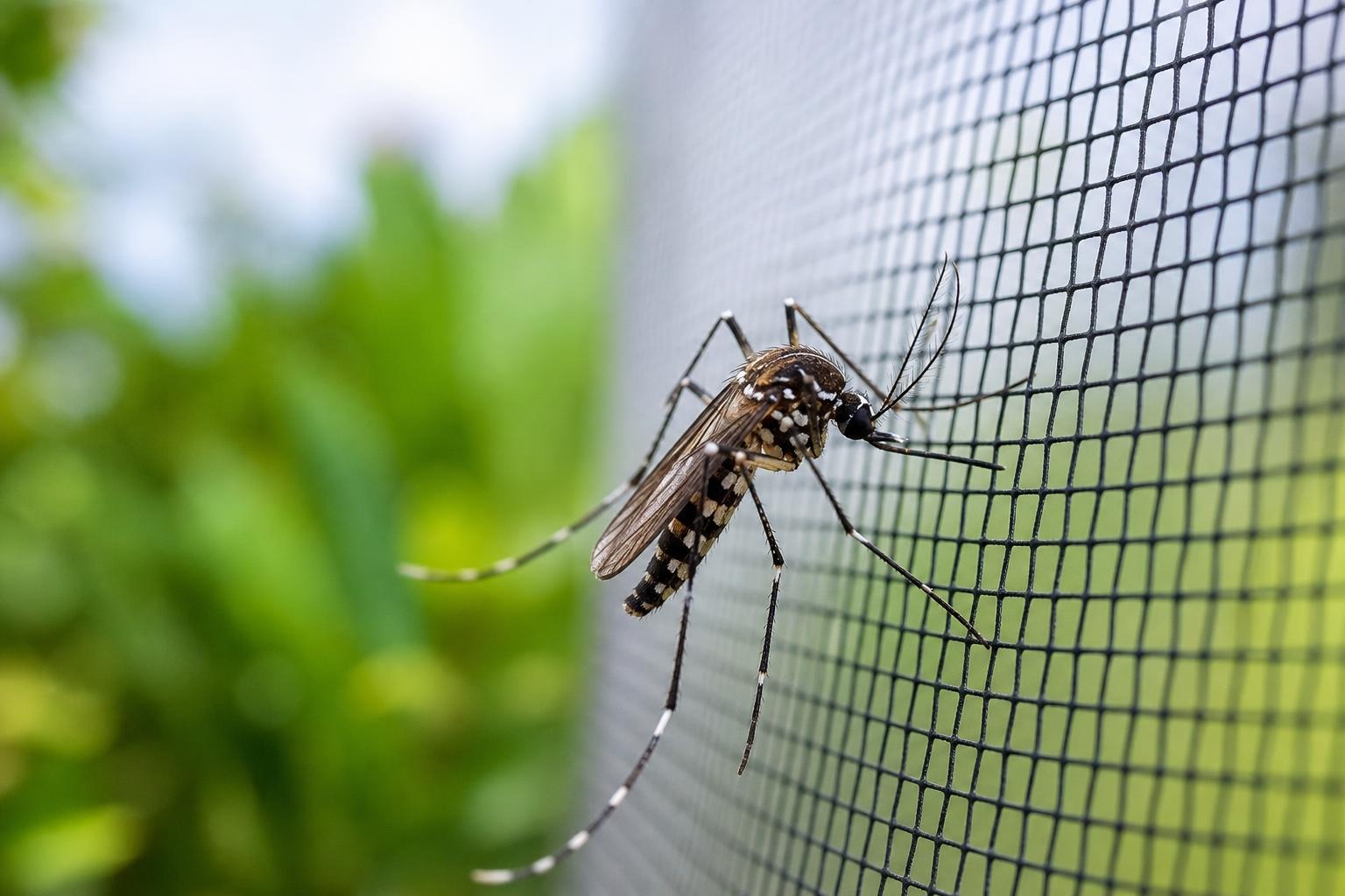 Illustrative macro view of a mosquito resting on protective mesh against green tropical foliage.